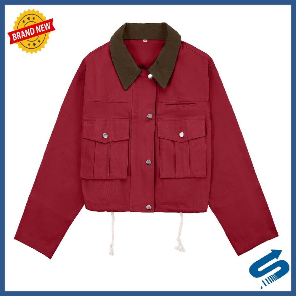 Women's Cropped Utility Jacket 100% Cotton Button Front Casual Barn Coat